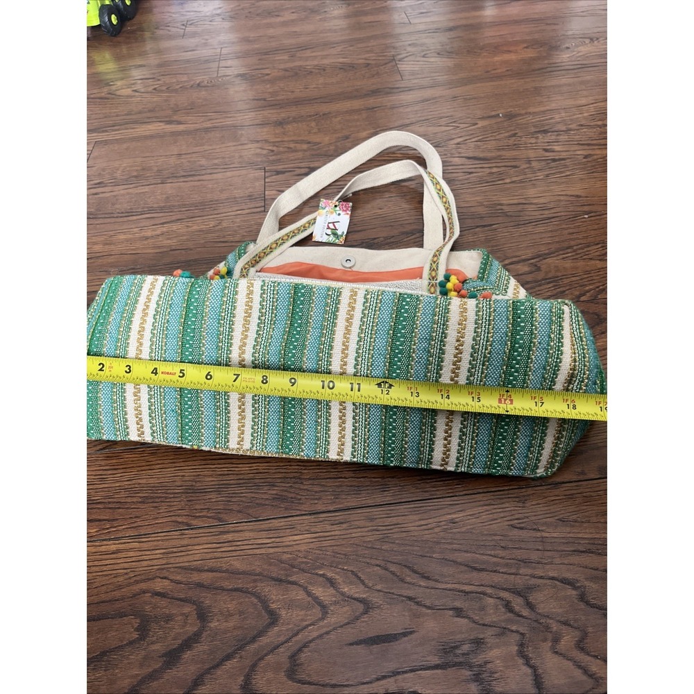 A&B EXPRESS Green Gold Striped Puff Balls BEADED FRUIT LARGE TOTE BAG NWT - Picture 7 of 8